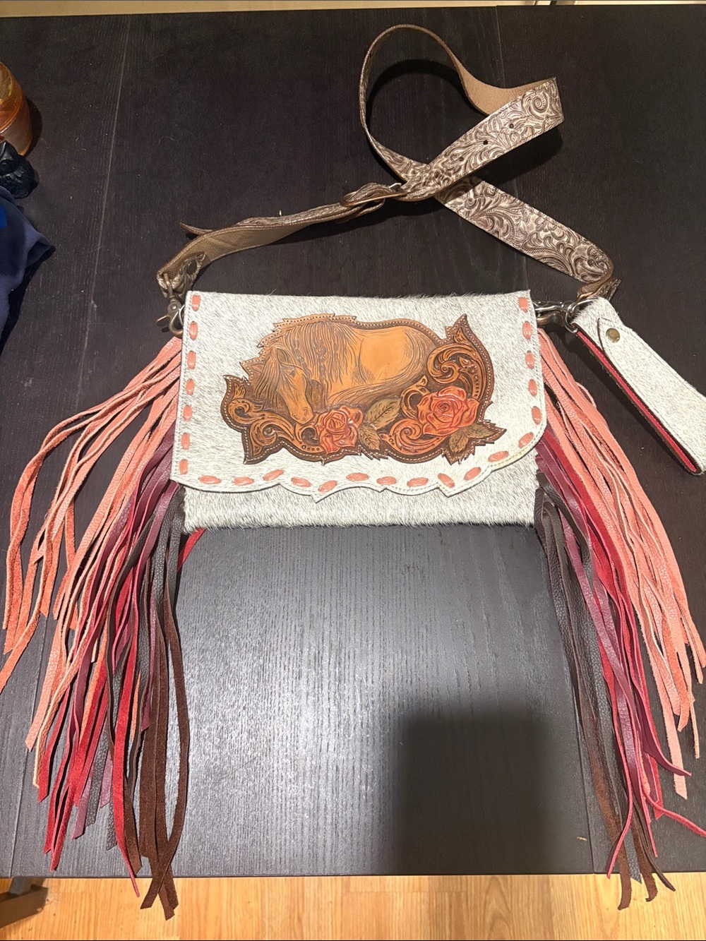 Leather and calfhair Fringed Horse Embossed Crossbody Bag